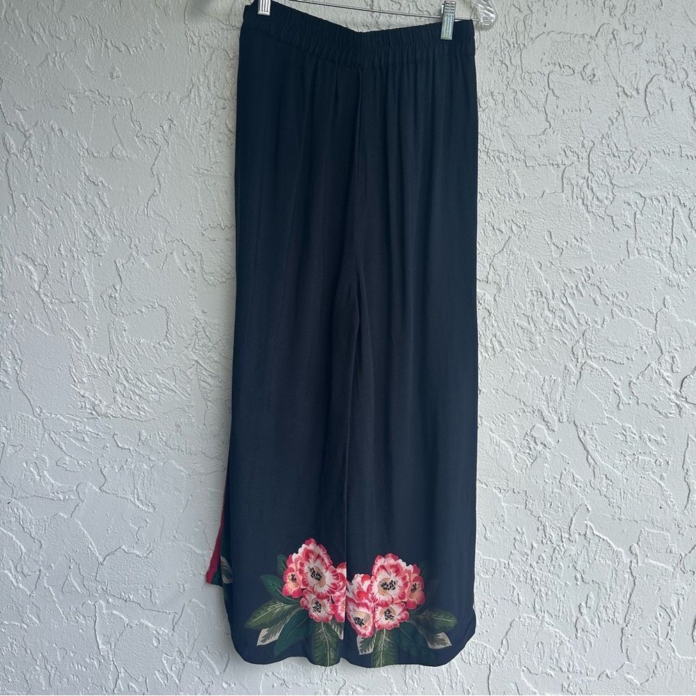 Desigual Black Wide Leg Pants with Red Floral Trim - Picture 6 of 11